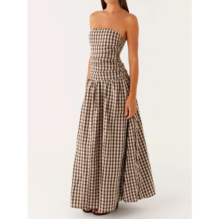Breezy Ruched Strapless Drop Waist Resort Fit Flare Maxi Dress