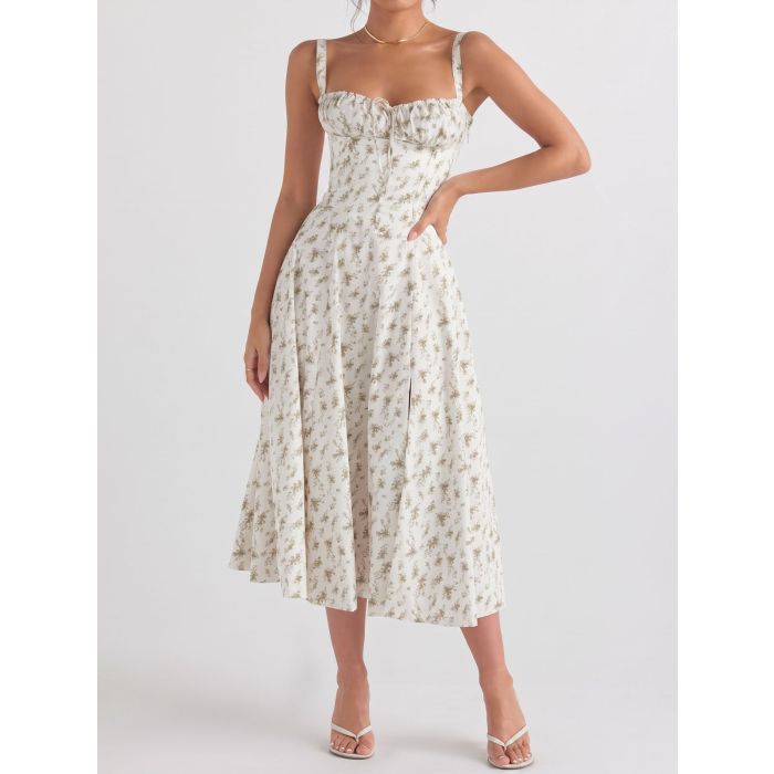 Flowy Tie Front Sweetheart Lace Up Resort Slit Floral Midi Sundress