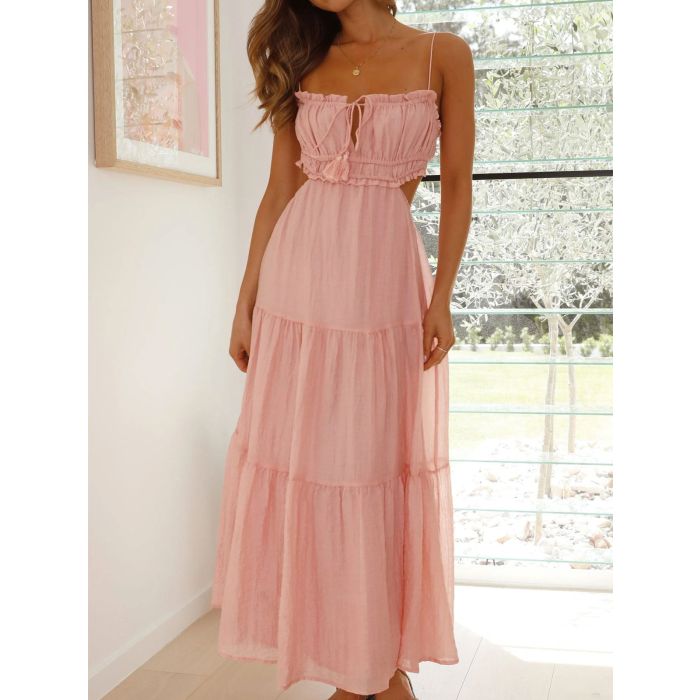 Flattering Ruffle Tie Neck Cutout Resort Crinkled Tiered Midi Sundr…