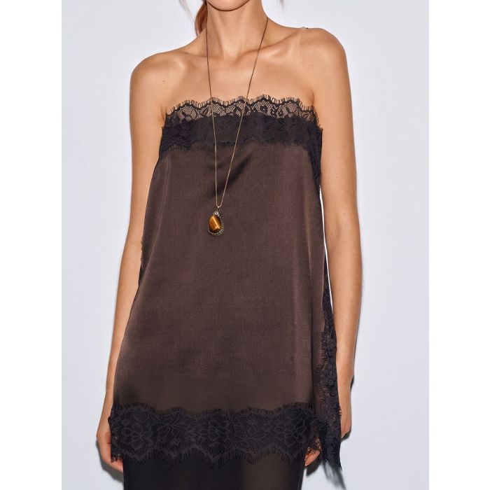 Feminine Floral Lace Strapless Side Slit Resort Longline Satin Top