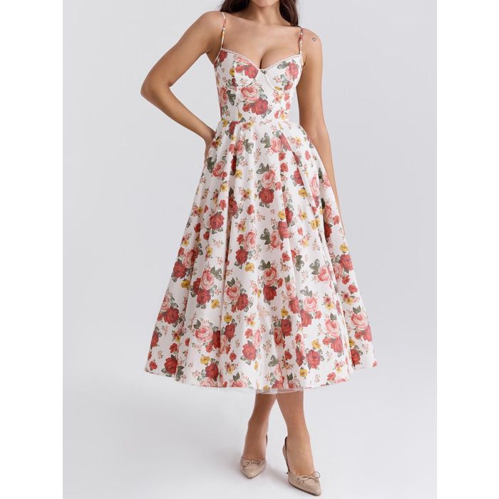 Elegant Sweetheart Fit Flare Tulle Layer Resort Satin Slip Midi Dre…