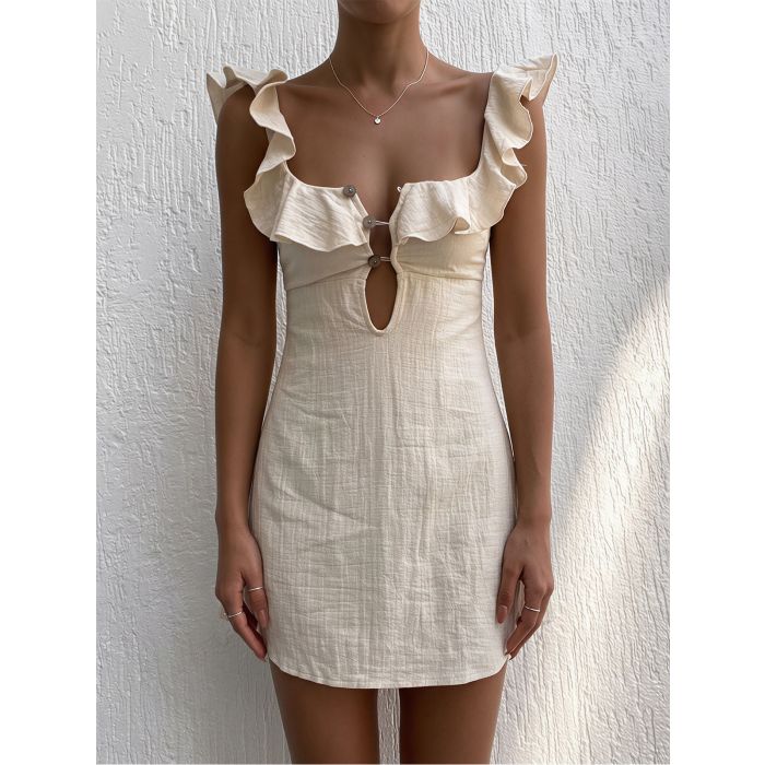 Playful Ruffled Square Neck Keyhole Button a Line Resort Mini Sun D…