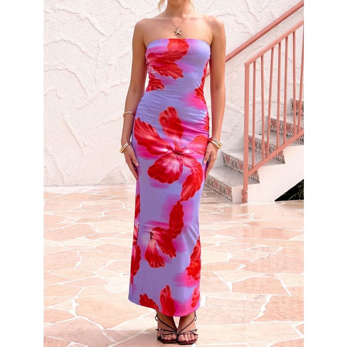 Summer Resort Column Strapless Watercolor Floral Printed Maxi Dress