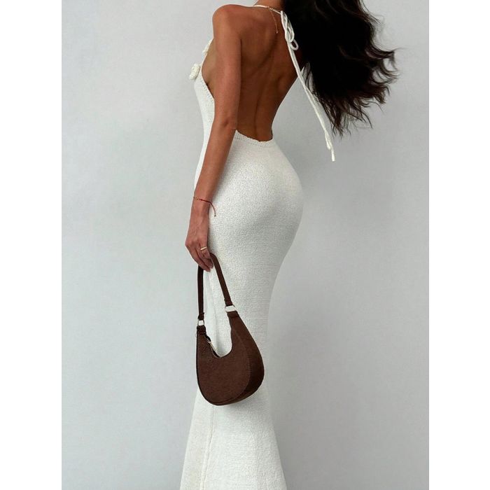 Bloom 3D Flower Deep V Halter Backless Resort Fishtail Knit Maxi Dr…
