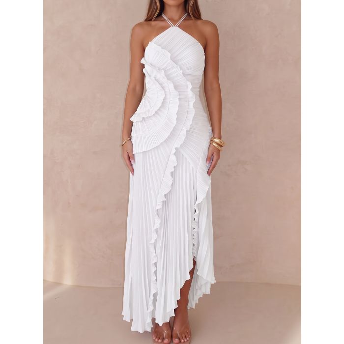 Asymmetrical Ruffle High Neck Resort Chiffon Pleated Midi Dress