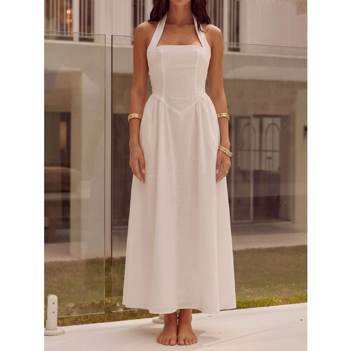 French Halter Fit Flare Sleeveless Resort Drop Waist Maxi Dress
