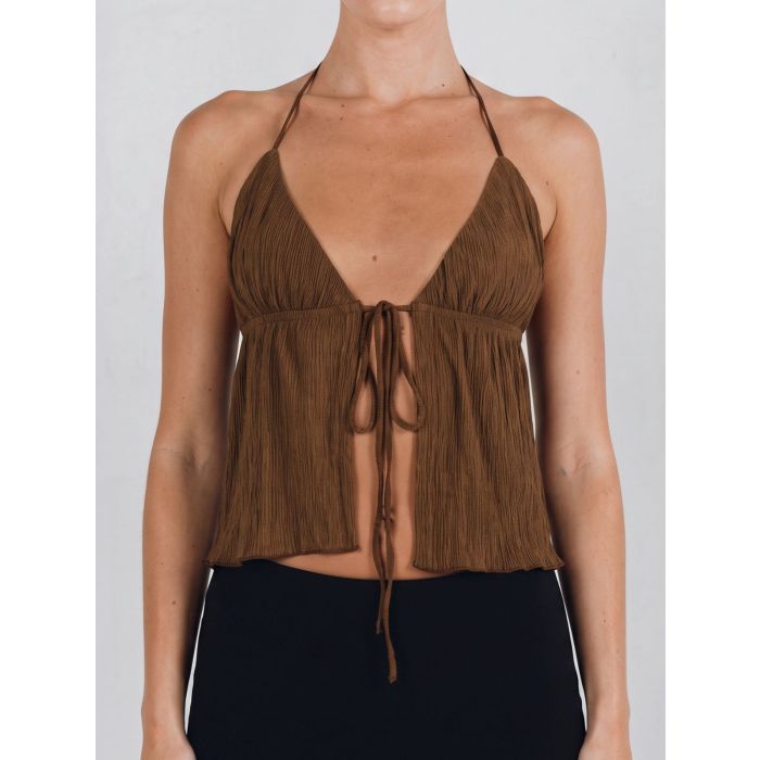 Playful Plunge Halter Neck Tie Front Slit Summer Resort Plisse Crop…