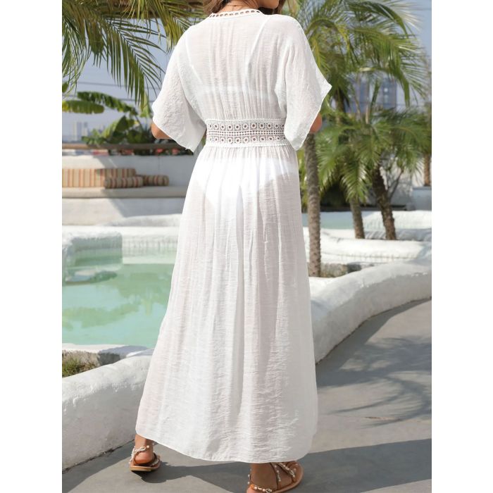 Flattering Crochet Deep V Short Sleeve Tie Waist Beach Chiffon Midi…