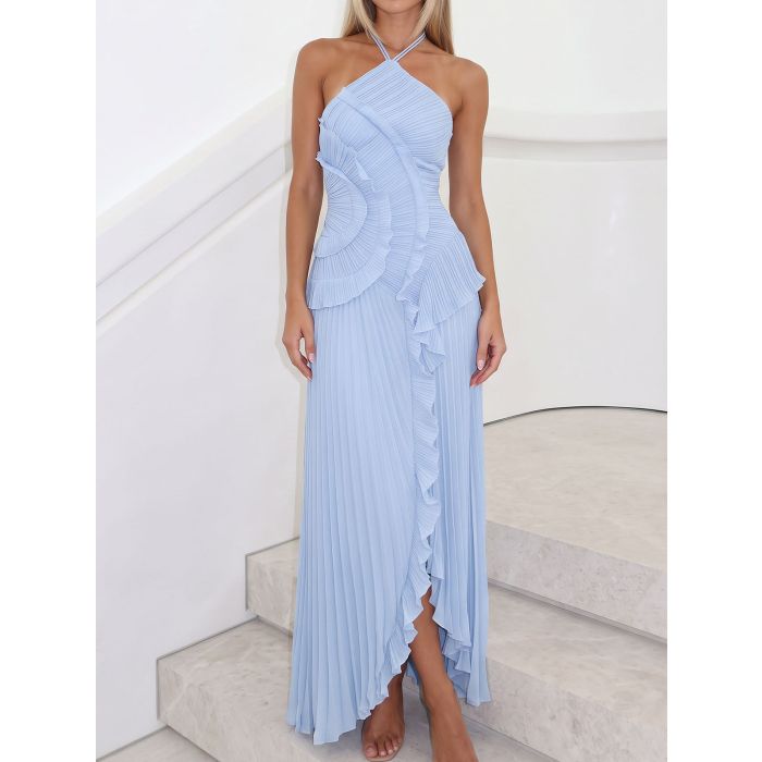 Asymmetrical Ruffle High Neck Resort Chiffon Pleated Midi Dress