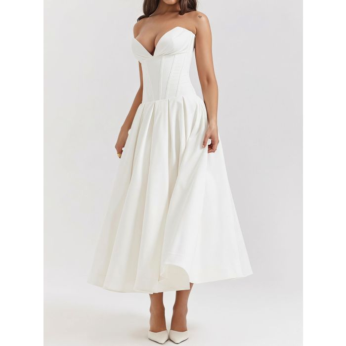 Flattering Bustier Strapless Corset Fit Flare Resort Pleated Midi D…