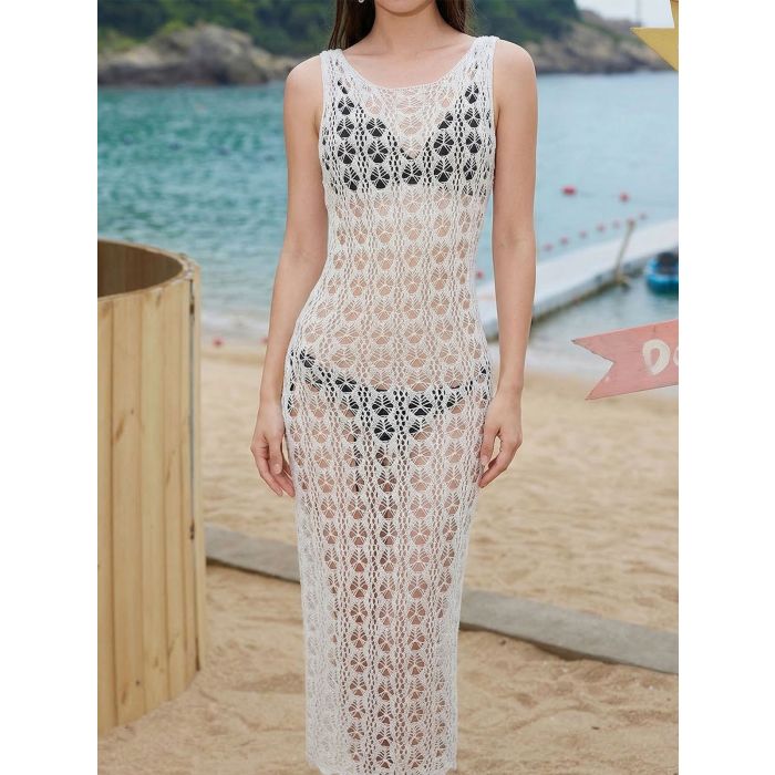 Flattering Tie Back Open Knit Sleeveless Beach Crochet Cover-Up Max…