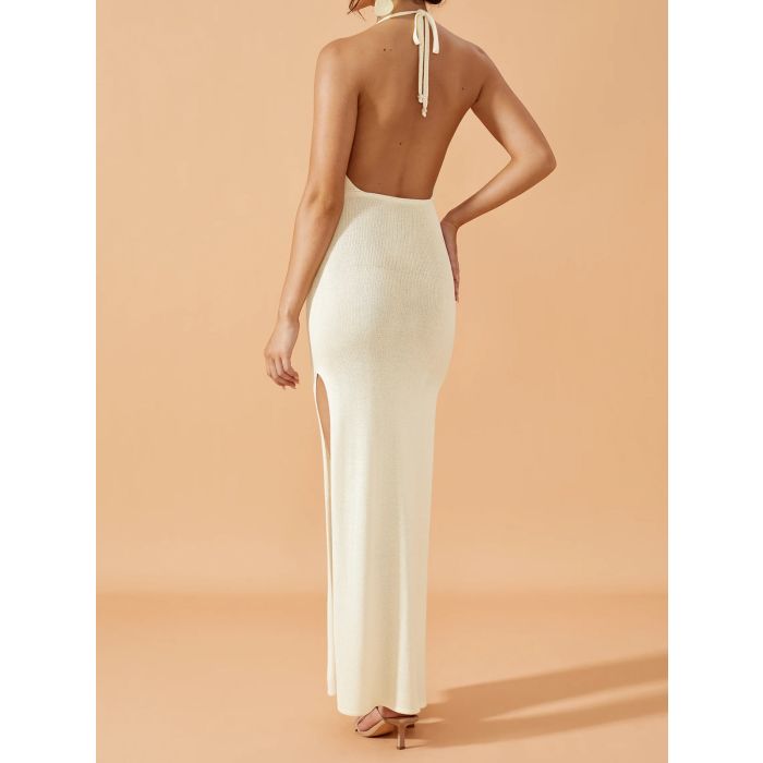 Flattering Backless Beaded Halter Tie Cutout Resort Split Knit Maxi…