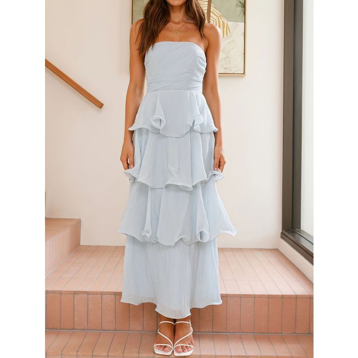 Flowy Strapless Smocked Back High Waist Resort Tiered Ruffle Maxi D…