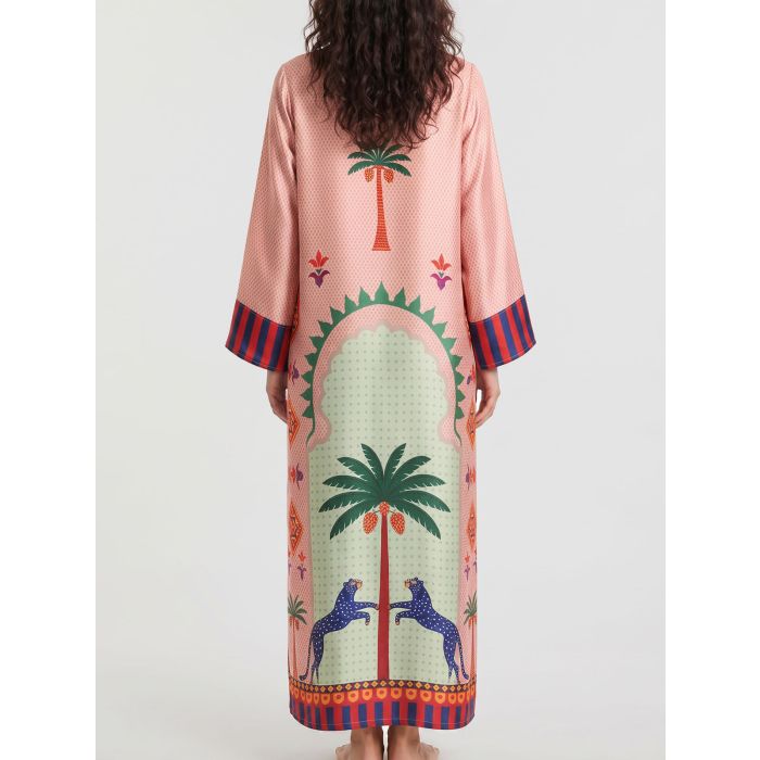 Tropical Palm V-Neck Wide Sleeve Resort Slit Satin Kaftan Maxi Dress
