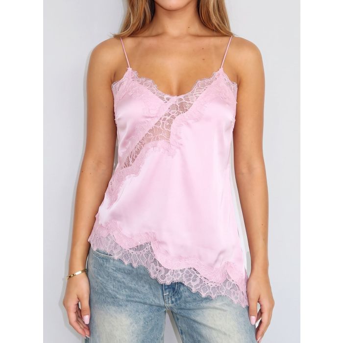 Asymmetrical Lace V-Neck Spaghetti Strap Resort Crop Satin Top