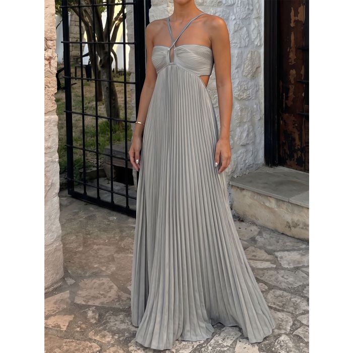 Flowy Crisscross Strap Empire Waist Resort Pleated Cutout Maxi Dress