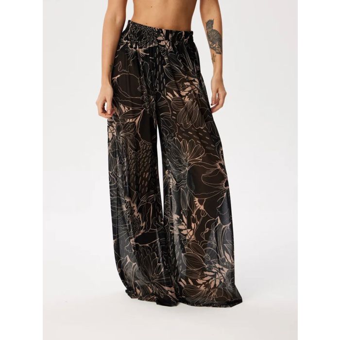Tropical Printed Ruched High Waist Resort Wide Leg Pants