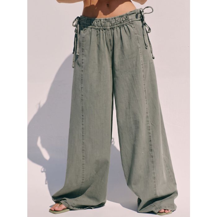Relaxed Side Tie High Waist Wide Leg Linen Blend Resort Palazzo Pan…