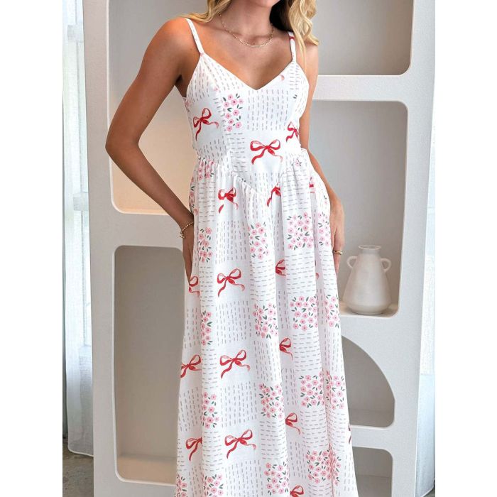 Playful Bow Tie V-Neck Drop Waist Resort Floral Slip Midi Dress