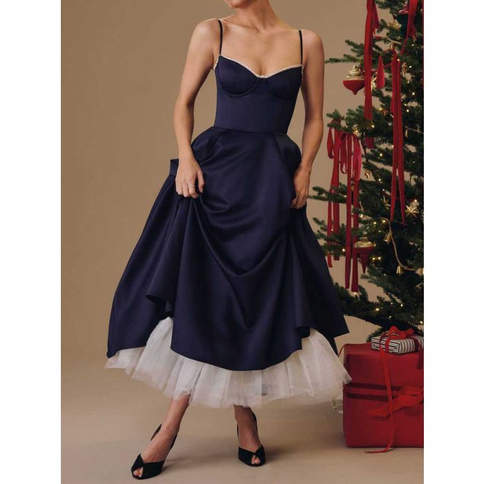 Elegant Sweetheart Fit Flare Tulle Layer Resort Satin Slip Midi Dre…