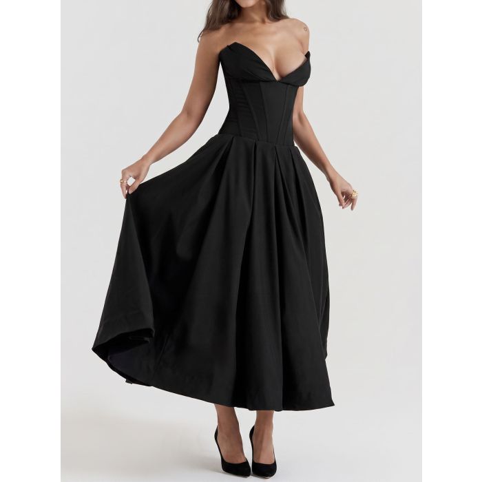 Flattering Bustier Strapless Corset Fit Flare Resort Pleated Midi D…
