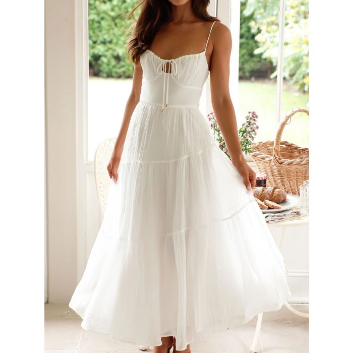 Relaxed Tie Neck Smocked Back Resort Crochet Tiered Midi Sundress