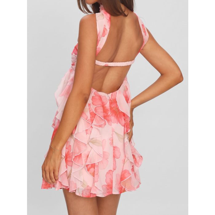 Flowy Ruffle Halter Sweetheart Resort Chiffon Floral Babydoll Mini…