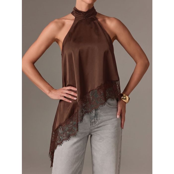 Asymmetrical Scalloped Lace Resort High Neck Silky Satin Top