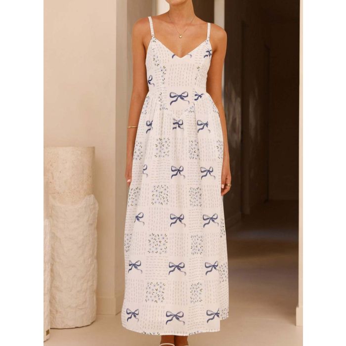 Playful Bow Tie V-Neck Drop Waist Resort Floral Slip Midi Dress