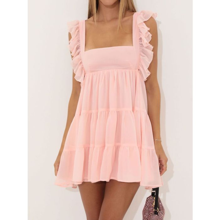 Playful Ruffled Square Neck Tie Back Resort Tiered Babydoll Mini Dr…