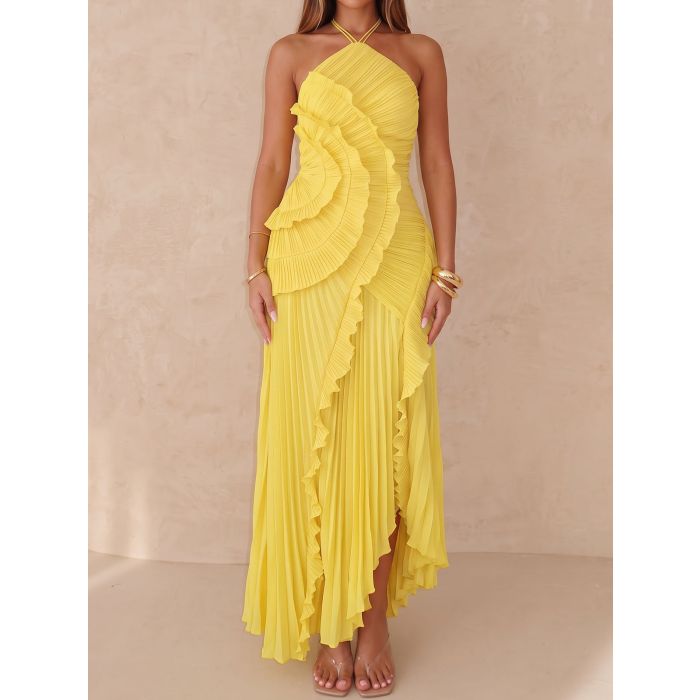 Asymmetrical Ruffle High Neck Resort Chiffon Pleated Midi Dress