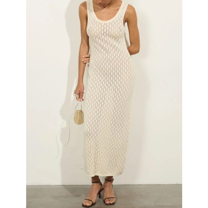 Chic Scoop Neck Sleeveless Beach Crochet Knit Cover-Up Maxi Dress