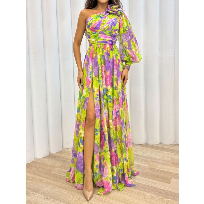 Colorful 3D Flower One Shoulder Long Sleeve Slit Ruched Maxi Dress