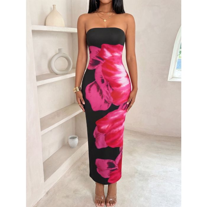 Vibrant Contrast Watercolor Floral Resort Column Strapless Maxi Dre…