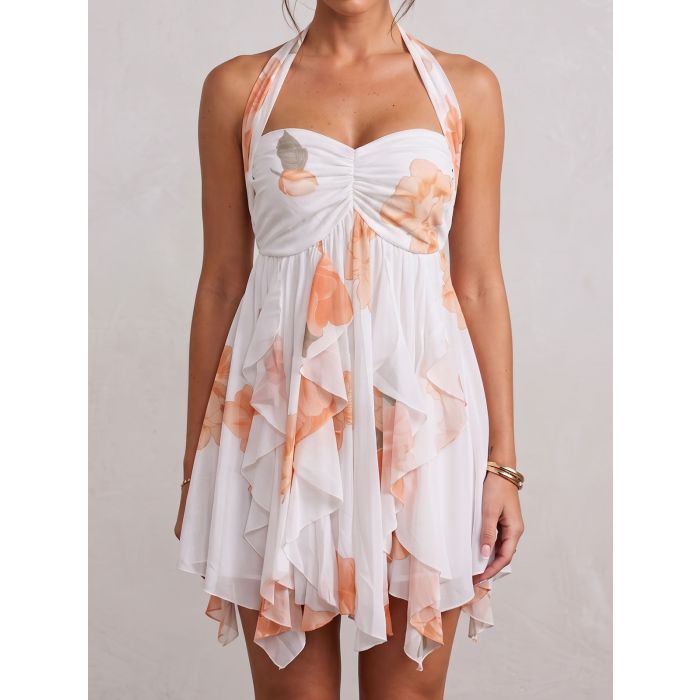 Sparkly Starfish Halter Resort Floral Ruffle Babydoll Mini Dress