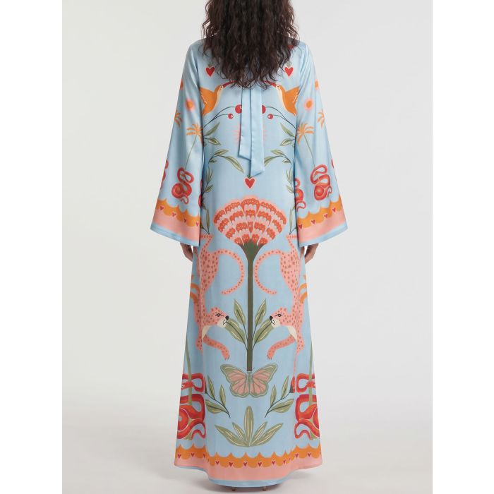 Tropical Palm Tie Neck Wide Sleeve Resort Slit Satin Kaftan Maxi Dr…