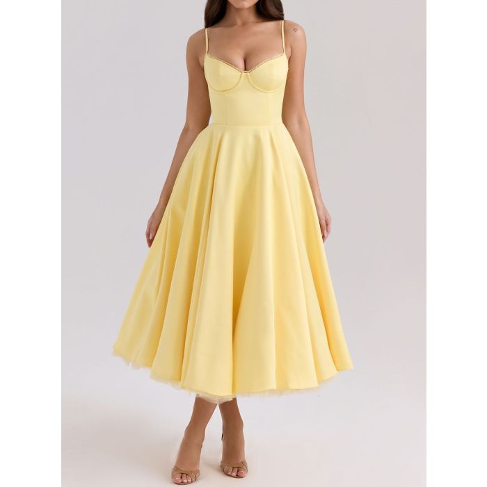 Elegant Sweetheart Fit Flare Tulle Layer Resort Satin Slip Midi Dre…