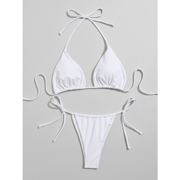 Classic Tie Side Ruched High-Cut Flattering Halter Two-Piece Bikini…