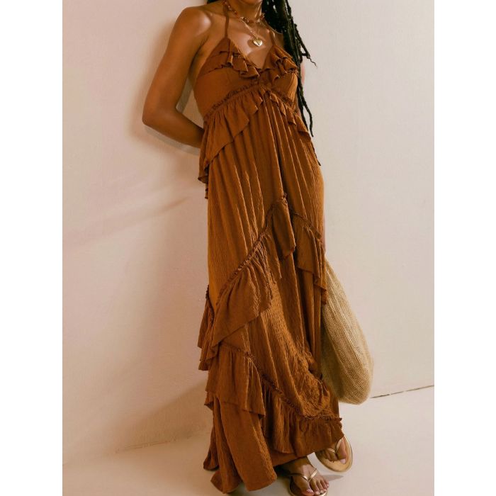 Relaxed Halter Tie Back Tiered Ruffle Resort Crinkled Babydoll Maxi…
