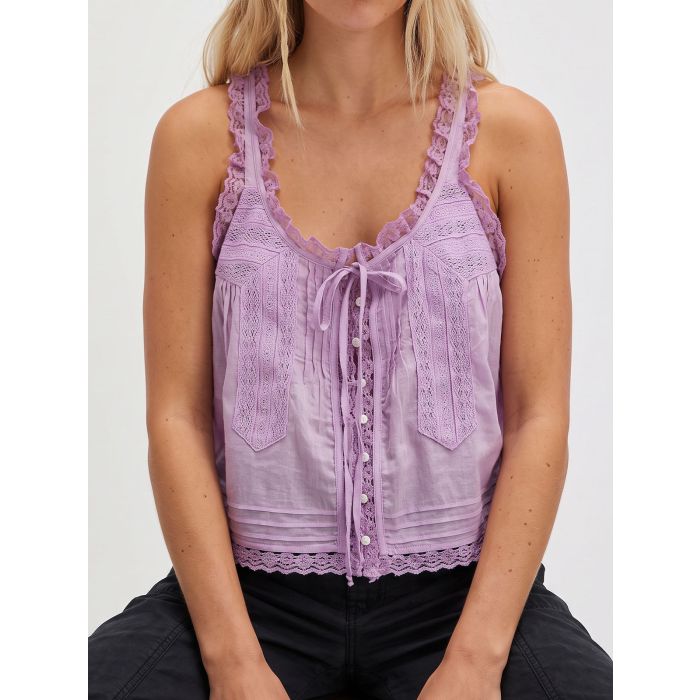 Relaxed Chic Ruffled Tie Front Button Up Resort Lace Crop Tank Top