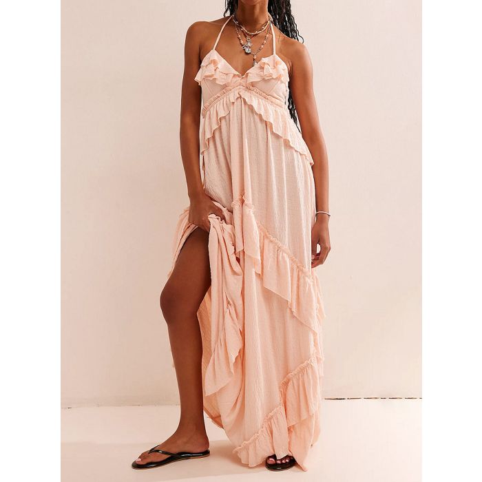 Relaxed Halter Tie Back Tiered Ruffle Resort Crinkled Babydoll Maxi…