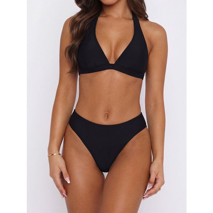 Active High-Leg High-Cut Deep V Banded Halter Two-Piece Bikini Set