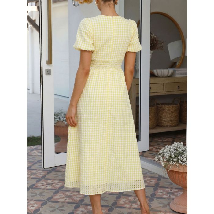Elegant V-Neck Ruched Waist Resort Seersucker Puff Sleeve Midi Dress