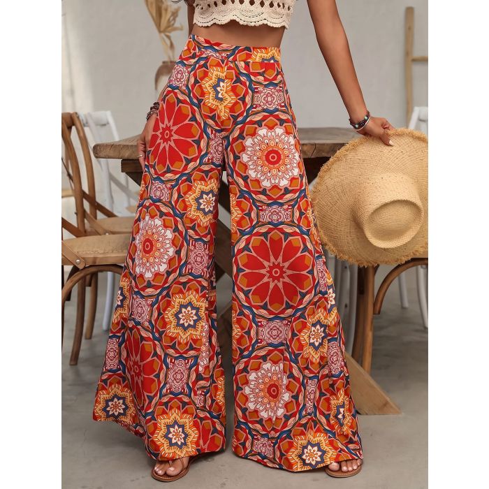 Colorful Floral High Waisted Wide Leg Relaxed Resort Chiffon Palazz…