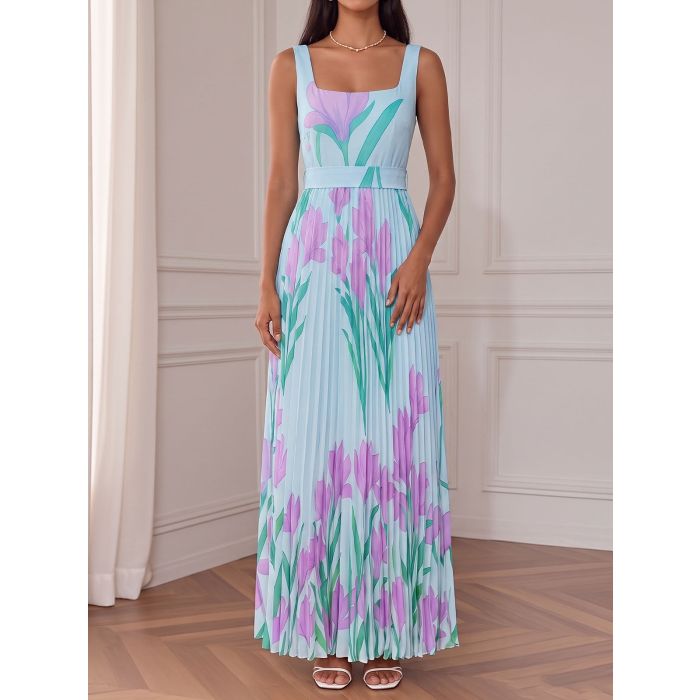 Fresh Floral Square Neck High Waist Resort Sleeveless Pleated Maxi…