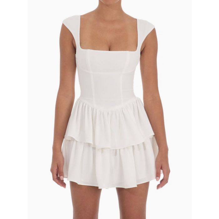 Playful Square Neck Cap Sleeve Resort Layered Ruffle Mini Dress