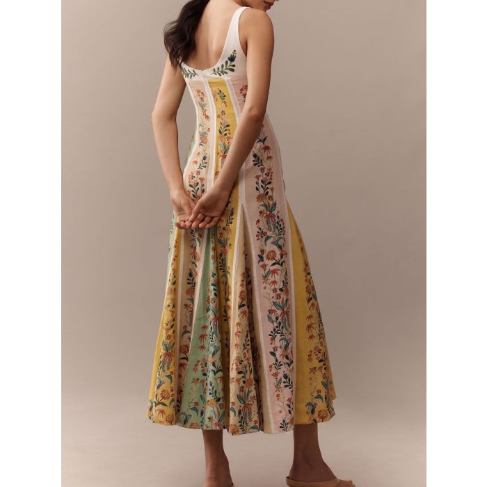 Relaxed V-Neck Multicolor Floral Resort Sleeveless Godet Midi Dress