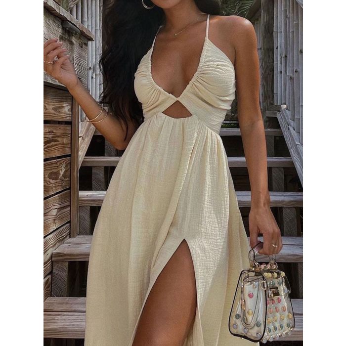 Flattering Deep V-Neck Cotton Blend Cutout Resort High Split Midi D…