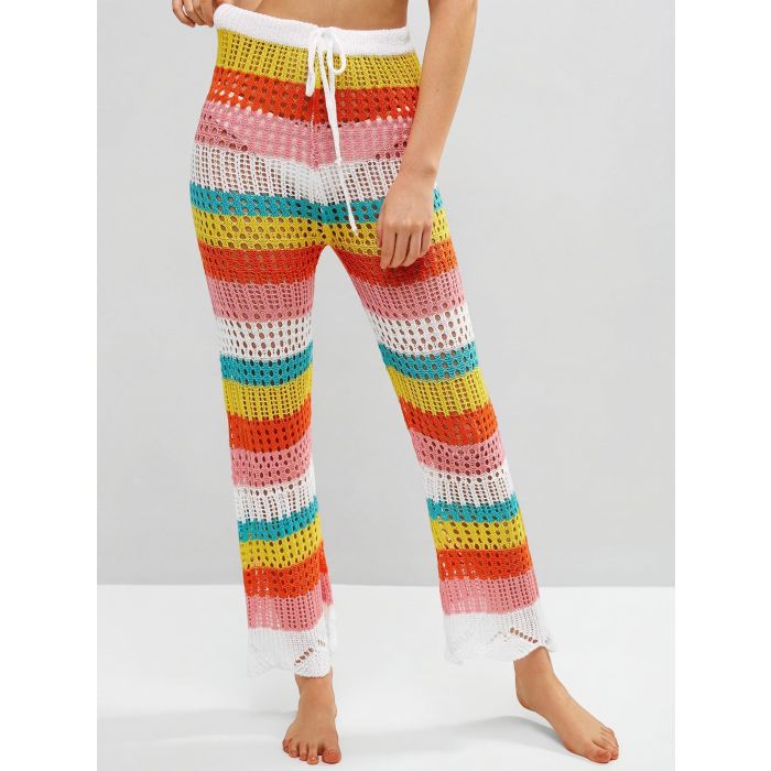 Rainbow Striped Tie High Waist Beach Crochet Knit Cover-Up Pants
