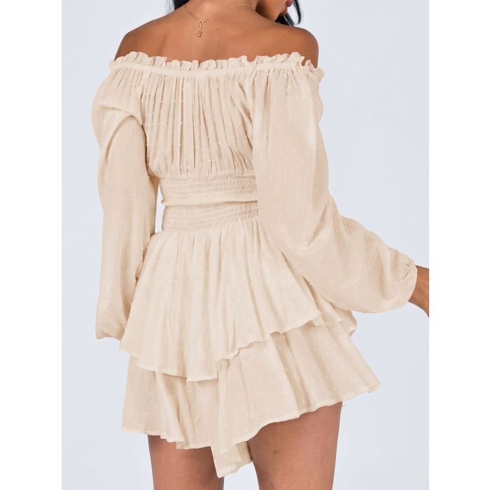 Playful Ruffle Off Shoulder Smocked Bishop Sleeve Resort Tiered Rom…